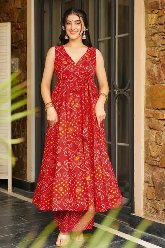 Red color rayon fabric palzzo kurta dress for ethnic party looks
