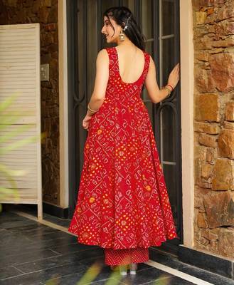 Red color rayon palzzo kurta dress for party looks 2
