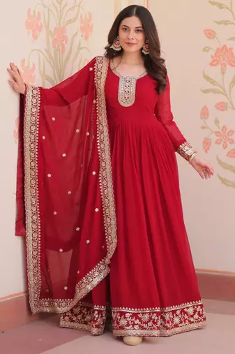 Maroon color faux georgette fabric designer zari and sequins embroidered partywear gown with dupatta