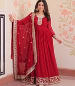 Maroon color faux georgette fabric zari and sequins embroidered partywear gown with dupatta