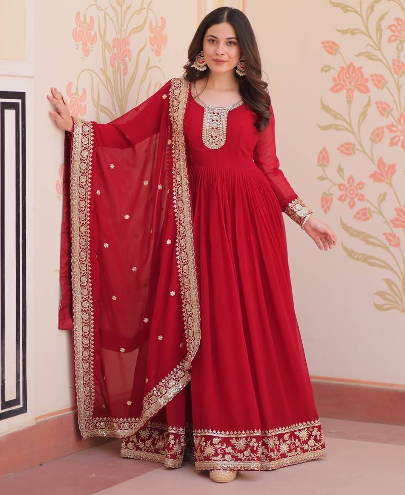 Maroon color faux georgette fabric designer zari and sequins embroidered partywear gown with dupatta