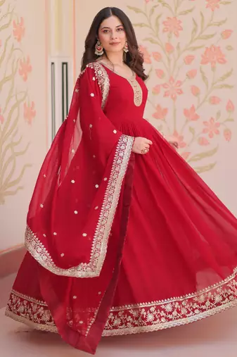 Maroon color faux georgette zari and sequins embroidered partywear gown with dupatta