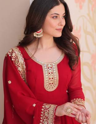 Maroon color faux georgette zari and sequins embroidered partywear gown with dupatta 4