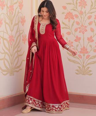 Maroon color faux georgette zari and sequins embroidered partywear gown with dupatta 5