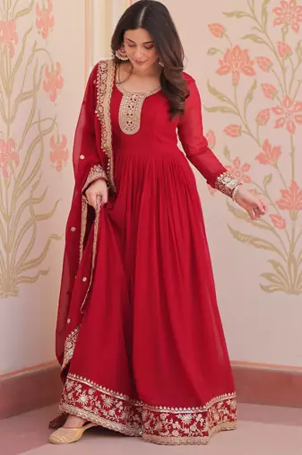 Maroon color faux georgette zari and sequins embroidered partywear gown with dupatta