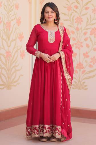 Pink color faux georgette fabric designer zari and sequins embroidered partywear gown with dupatta