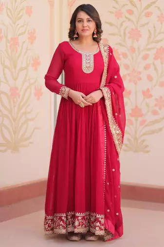 Pink color faux georgette fabric designer zari and sequins embroidered partywear gown with dupatta