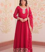 Pink color faux georgette fabric zari and sequins embroidered partywear gown with dupatta
