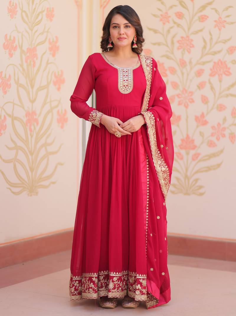 Pink color faux georgette fabric designer zari and sequins embroidered partywear gown with dupatta