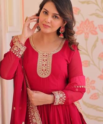 Pink color faux georgette zari and sequins embroidered partywear gown with dupatta 4