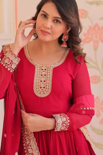 Pink color faux georgette zari and sequins embroidered partywear gown with dupatta