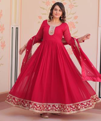 Pink color faux georgette zari and sequins embroidered partywear gown with dupatta 5