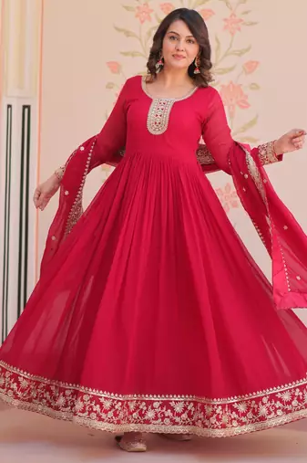 Pink color faux georgette zari and sequins embroidered partywear gown with dupatta