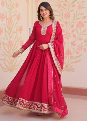 Pink color faux georgette zari and sequins embroidered partywear gown with dupatta 6