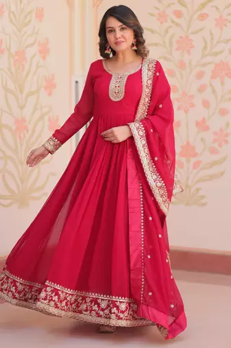 Pink color faux georgette zari and sequins embroidered partywear gown with dupatta
