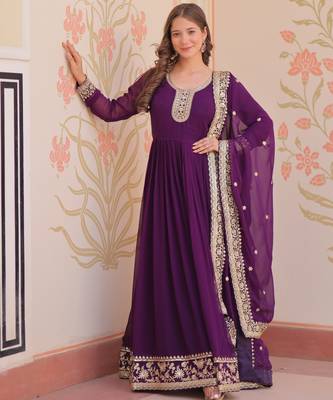 Purple color faux georgette zari and sequins embroidered partywear gown with dupatta 1