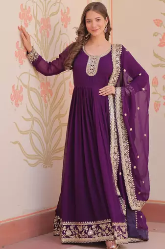 Purple color faux georgette fabric designer zari and sequins embroidered partywear gown with dupatta