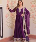 Purple color faux georgette fabric zari and sequins embroidered partywear gown with dupatta