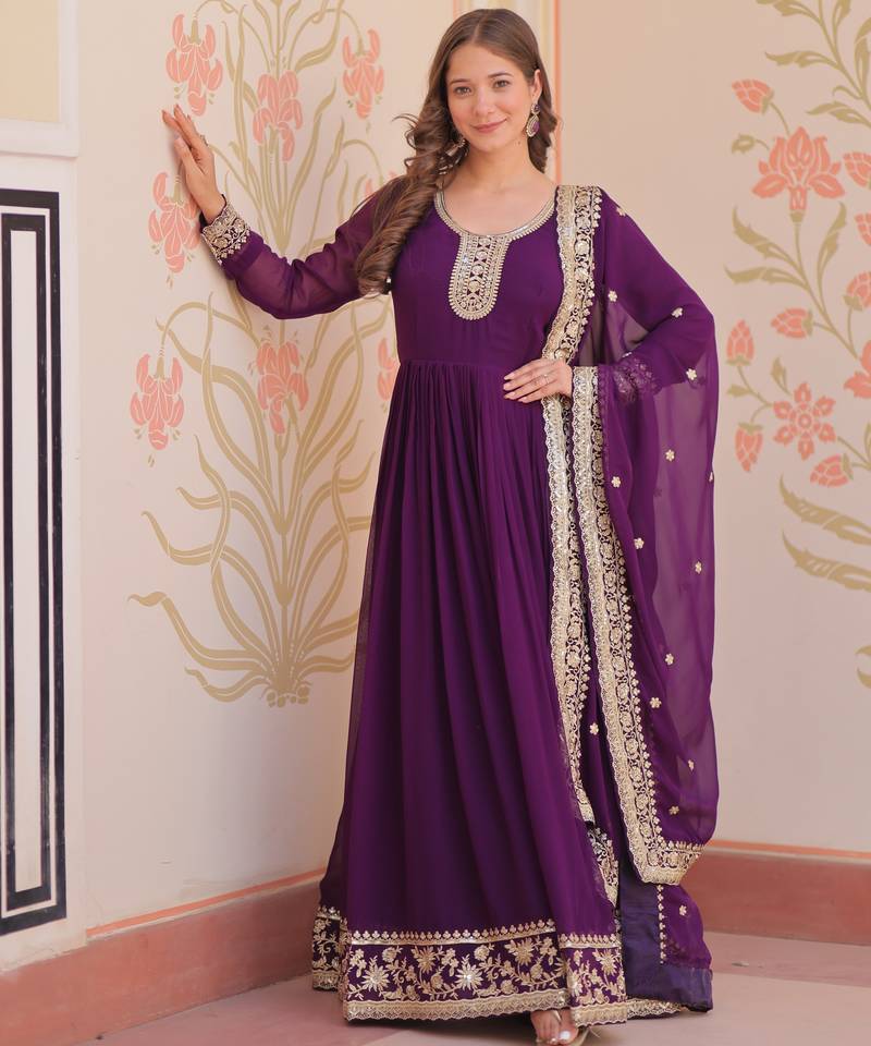 Purple color faux georgette fabric designer zari and sequins embroidered partywear gown with dupatta