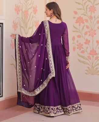 Purple color faux georgette zari and sequins embroidered partywear gown with dupatta 3