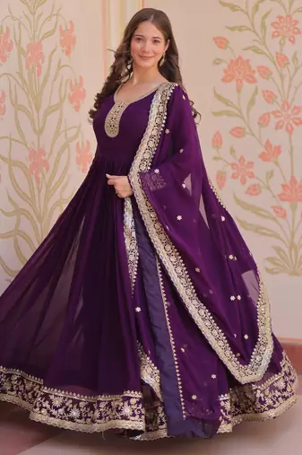 Purple color faux georgette zari and sequins embroidered partywear gown with dupatta