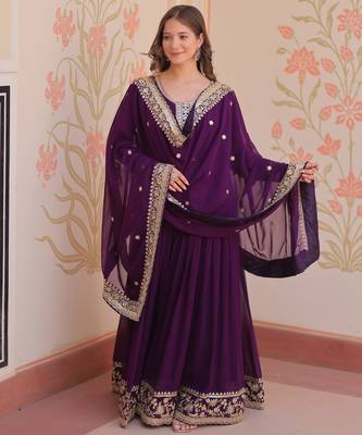 Purple color faux georgette zari and sequins embroidered partywear gown with dupatta 6