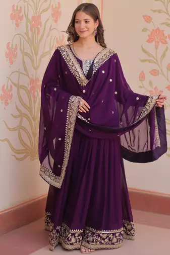 Purple color faux georgette zari and sequins embroidered partywear gown with dupatta