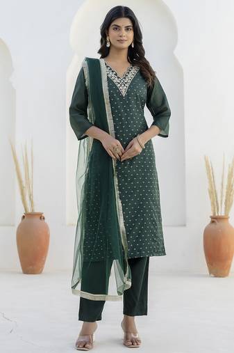 Green color chanderi silk fabric beautiful festive wear readymade kurta set