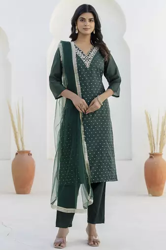 Green color chanderi silk fabric beautiful festive wear readymade kurta set