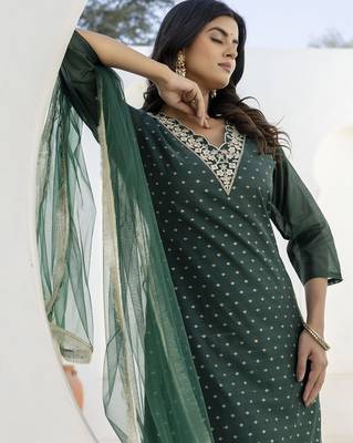 Green color chanderi silk beautiful festive wear readymade kurta set 3