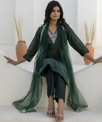 Green color chanderi silk beautiful festive wear readymade kurta set 5