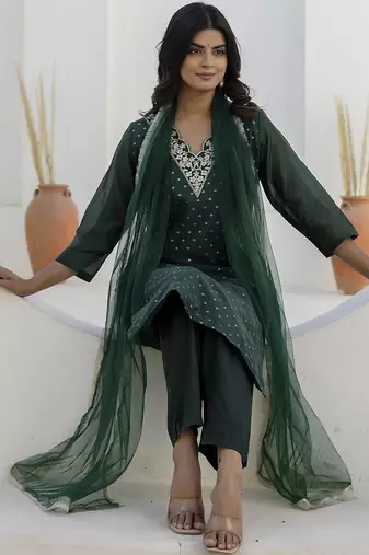 Green color chanderi silk beautiful festive wear readymade kurta set
