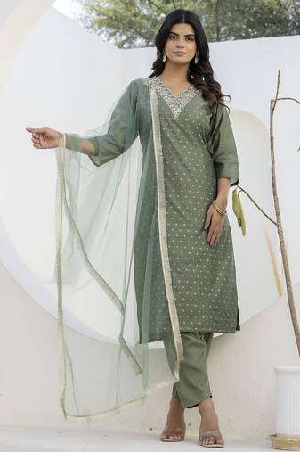 Mahendi color chanderi silk fabric beautiful festive wear readymade kurta set