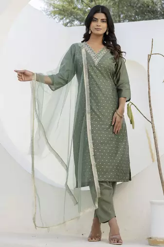 Mahendi color chanderi silk fabric beautiful festive wear readymade kurta set