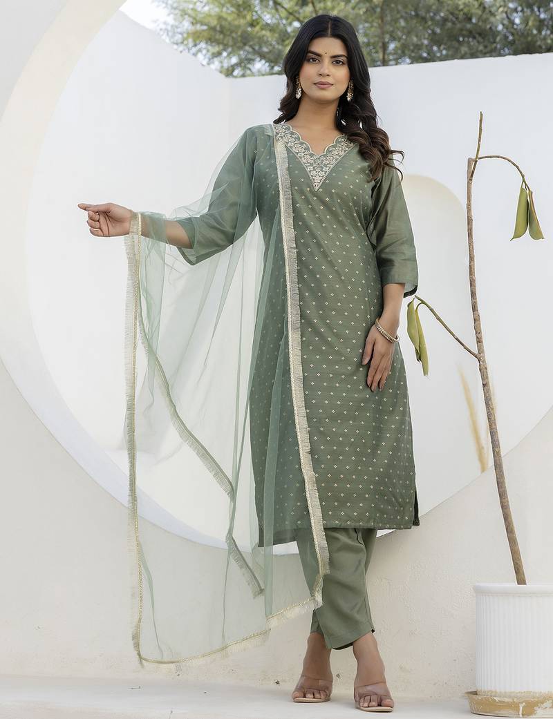 Mahendi color chanderi silk fabric beautiful festive wear readymade kurta set