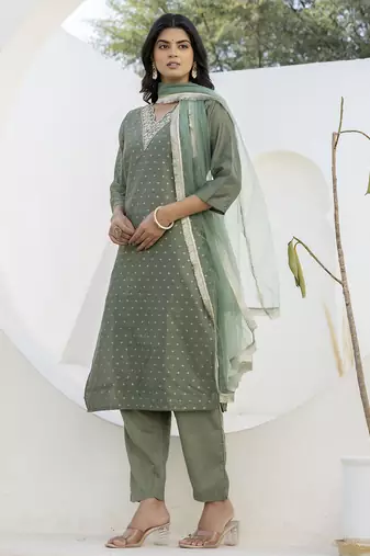Mahendi color chanderi silk beautiful festive wear readymade kurta set