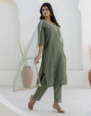 Mahendi color chanderi silk beautiful festive wear readymade kurta set 5