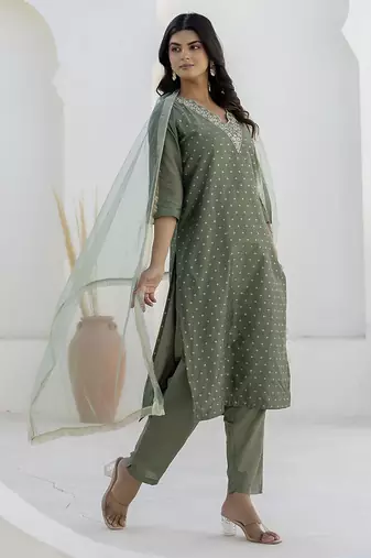 Mahendi color chanderi silk beautiful festive wear readymade kurta set