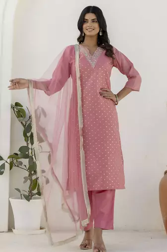 Pink color chanderi silk fabric beautiful festive wear readymade kurta set
