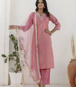 Pink color chanderi silk fabric beautiful festive wear readymade kurta set