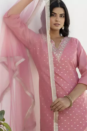 Pink color chanderi silk beautiful festive wear readymade kurta set