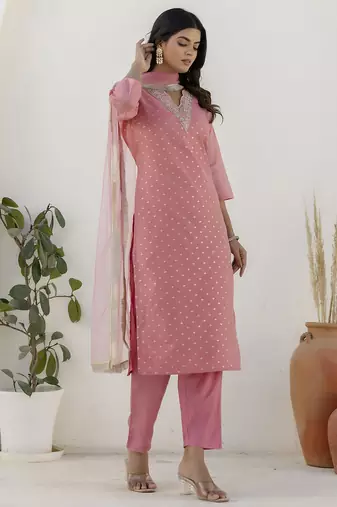 Pink color chanderi silk beautiful festive wear readymade kurta set