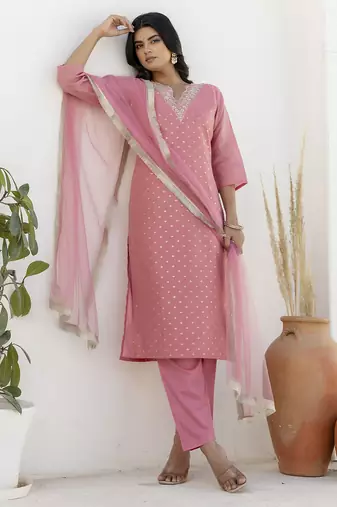 Pink color chanderi silk beautiful festive wear readymade kurta set