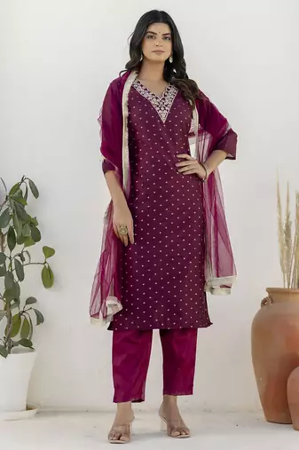 Purple color chanderi silk fabric beautiful festive wear readymade kurta set
