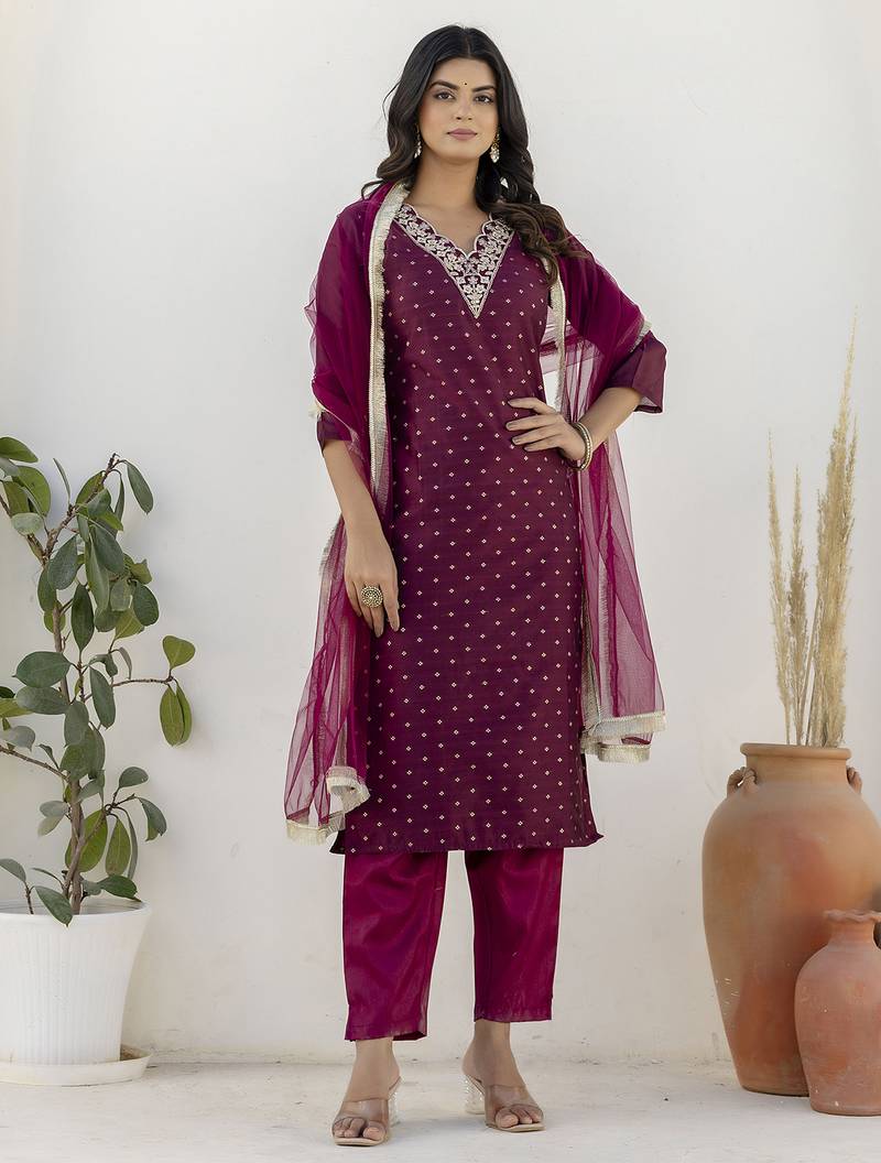 Purple color chanderi silk fabric beautiful festive wear readymade kurta set