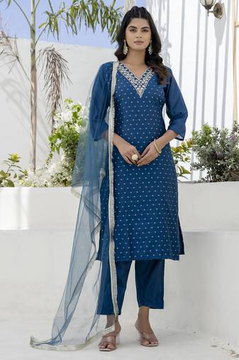 Teal blue color chanderi silk fabric beautiful festive wear readymade kurta set