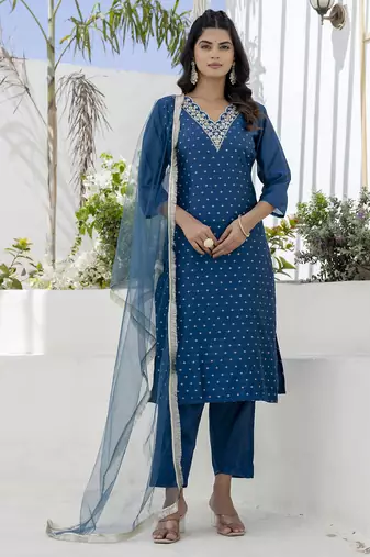 Teal blue color chanderi silk fabric beautiful festive wear readymade kurta set