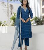 Teal blue color chanderi silk fabric beautiful festive wear readymade kurta set