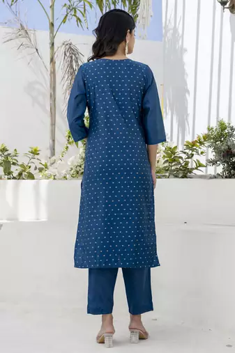 Teal blue color chanderi silk beautiful festive wear readymade kurta set