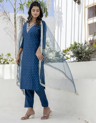 Teal blue color chanderi silk beautiful festive wear readymade kurta set 4